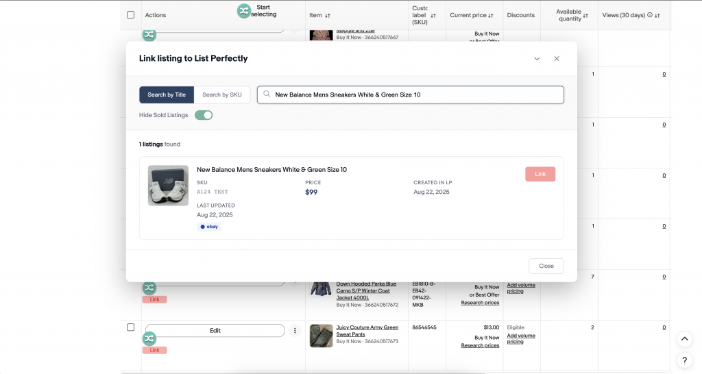 List Perfectly's Link feature on eBay